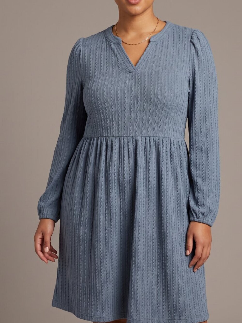 NWT | Slate Blue Cable Knit Babydoll Long Sleeve Ruffle Cuff Dress | Large
